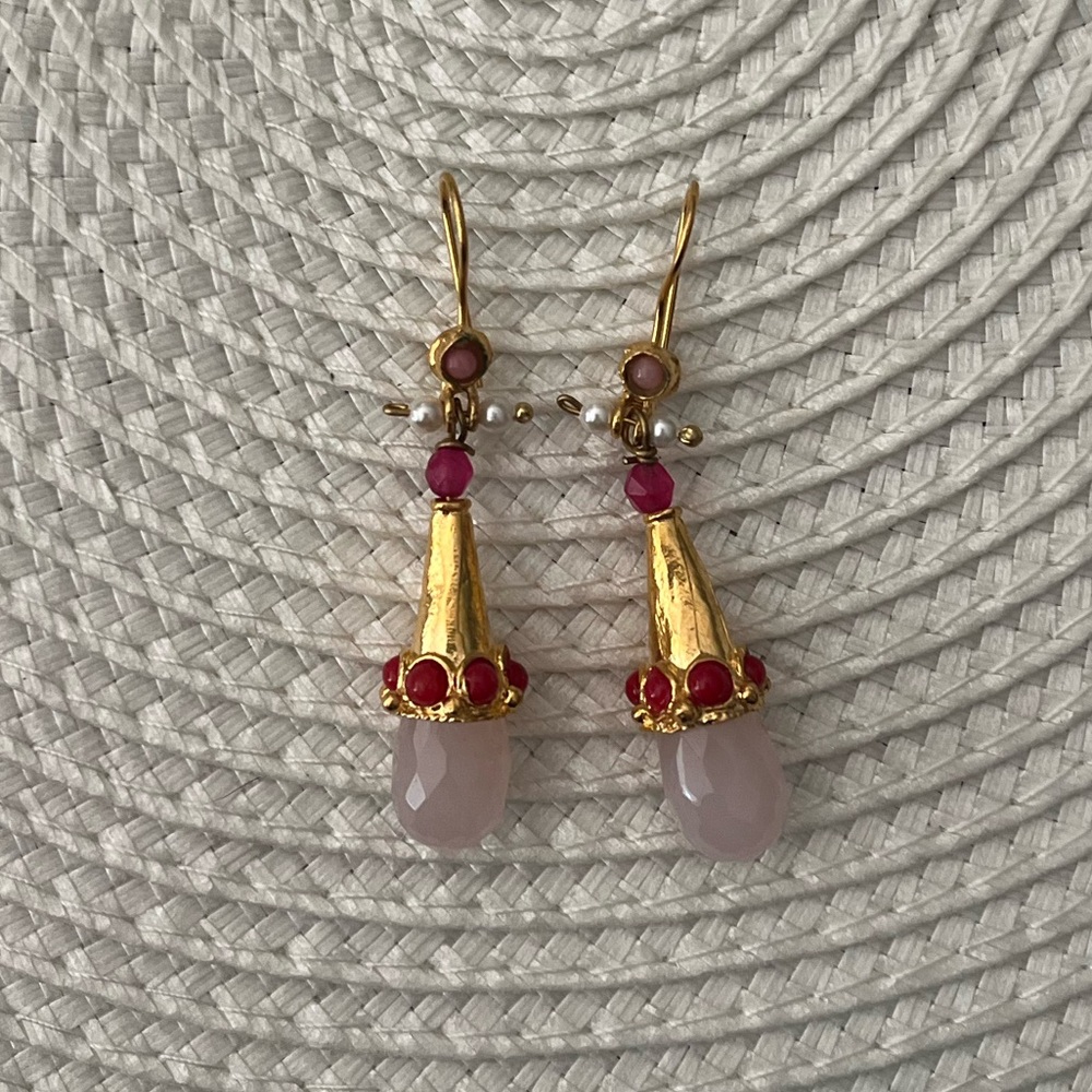 Elegant Gold Tone Drop Earrings with Pink Gemstone & Red Crystal & Pearl Accents
